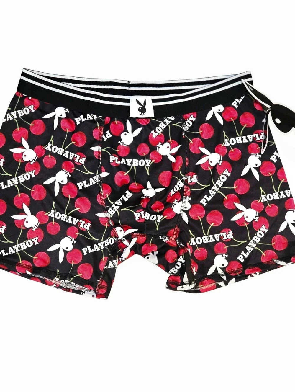 PLAYBOY Bunny Cherry Print Stripe Band Boxer Briefs